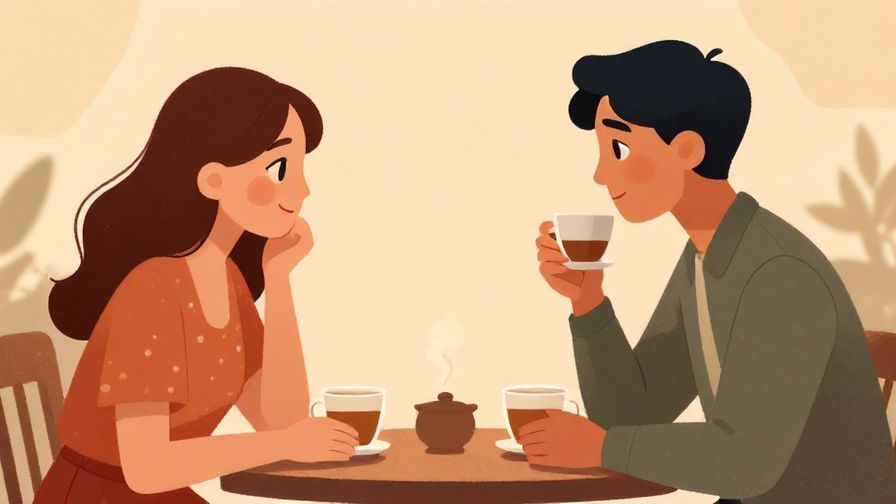 Illustration of two people politely chatting over tea, calm atmosphere, warm lighting