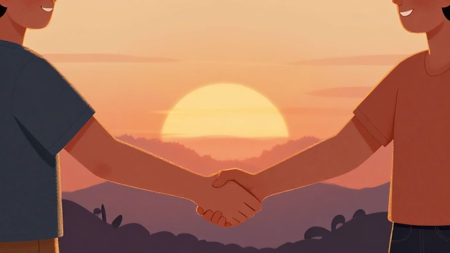 Illustration of two people reaching out their hands to shake, with warm smiles and a sunset background, illustrated style