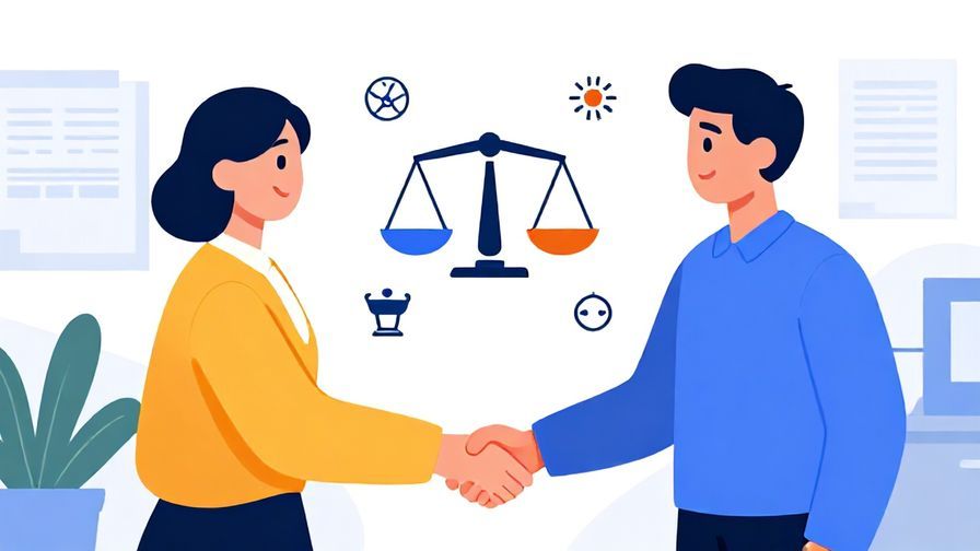 Illustration of two people shaking hands in agreement, surrounded by balanced icons representing fairness, office background, vibrant colors, illustrated style