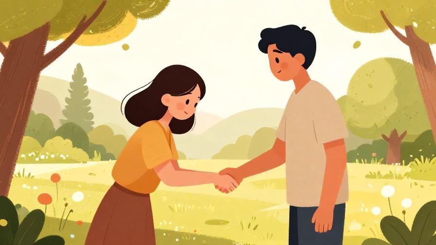 Illustration of two people shaking hands or bowing to each other with mutual respect in a sunny park, warm tones, and friendly atmosphere