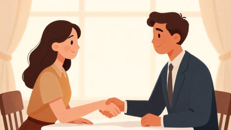 Illustration of two people shaking hands over a table, hopeful expressions, soft warm lighting, formal setting