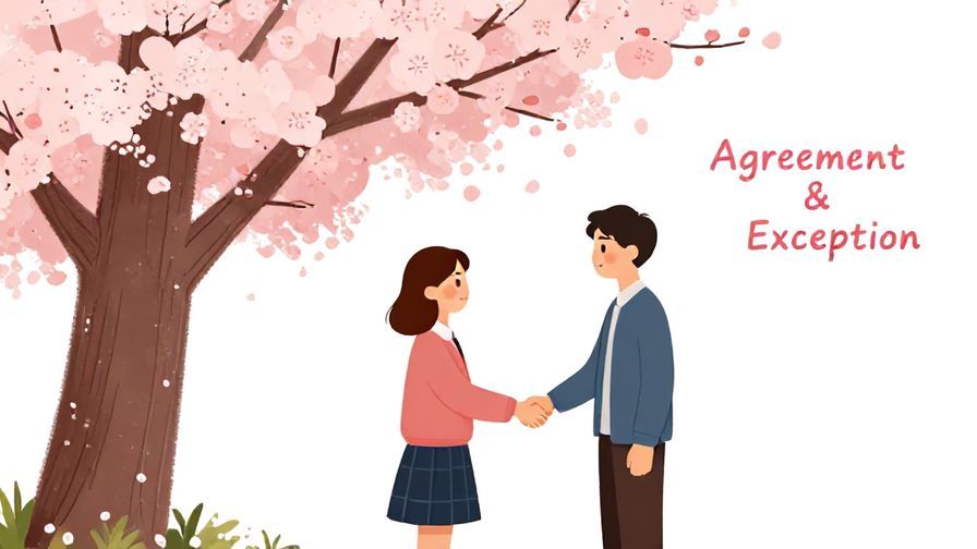 Illustration of two people shaking hands under a cherry blossom tree, symbolizing agreement and exception, vibrant colors, illustrated style