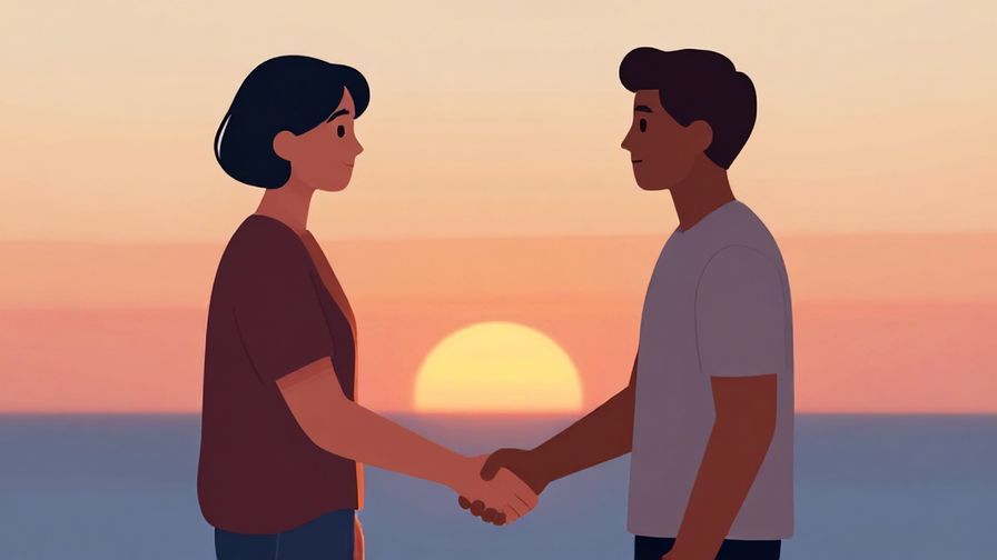 Illustration of two people shaking hands under a peaceful sunset, calming colors, symbolic of forgiveness