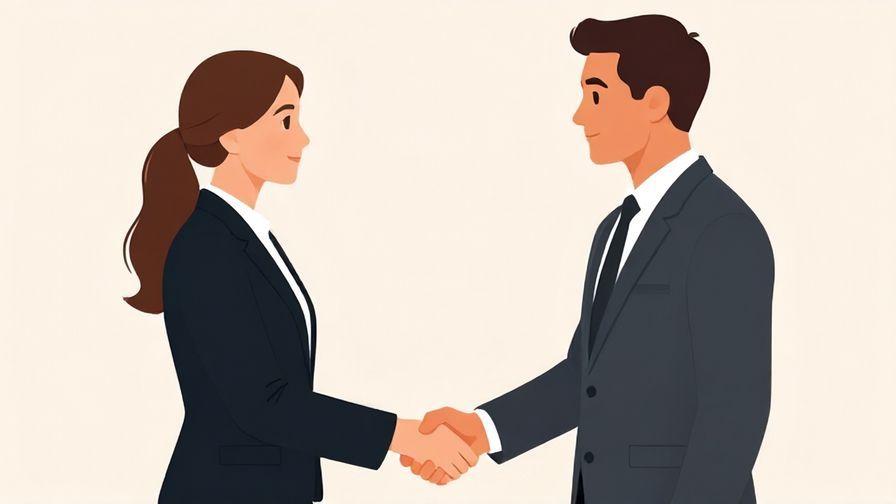 Illustration of two people shaking hands with a formal atmosphere, neutral background, soft lighting, illustrated style