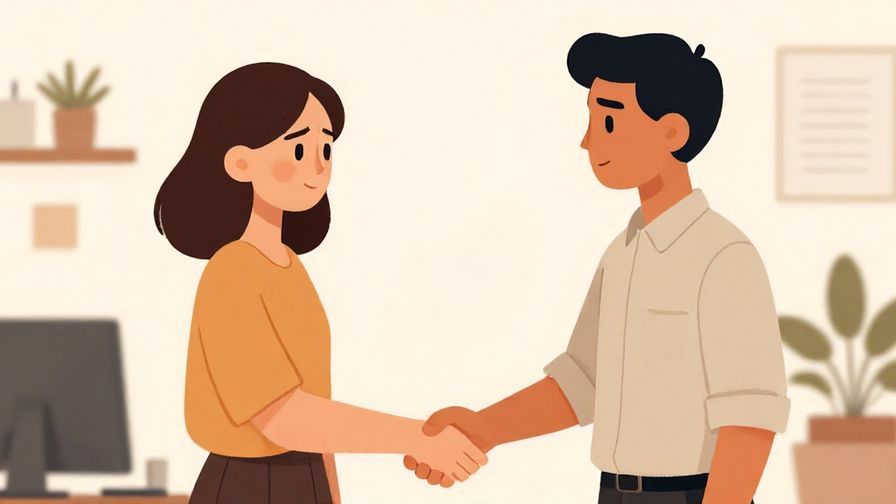 Illustration of two people shaking hands with serious expressions, office background with plants, warm muted colors, illustrated style