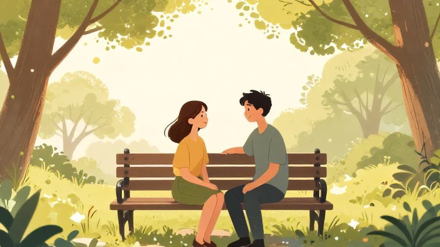 Illustration of two people sharing a gentle smile at a park bench with soft afternoon light and peaceful trees