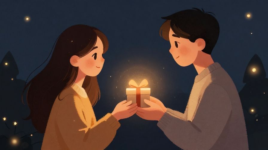 Illustration of two people sharing a heartfelt moment, one handing a small gift to the other, surrounded by soft glowing lights, illustrated style