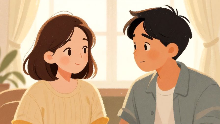 Illustration of two people sharing a lighthearted moment with gentle smiles, one shrugging slightly, under soft sunlight, illustrated style