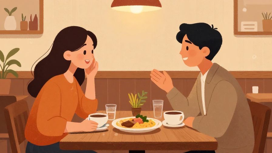 Illustration of two people sharing a meal, one smiling and complimenting the food warmly, cozy restaurant interior