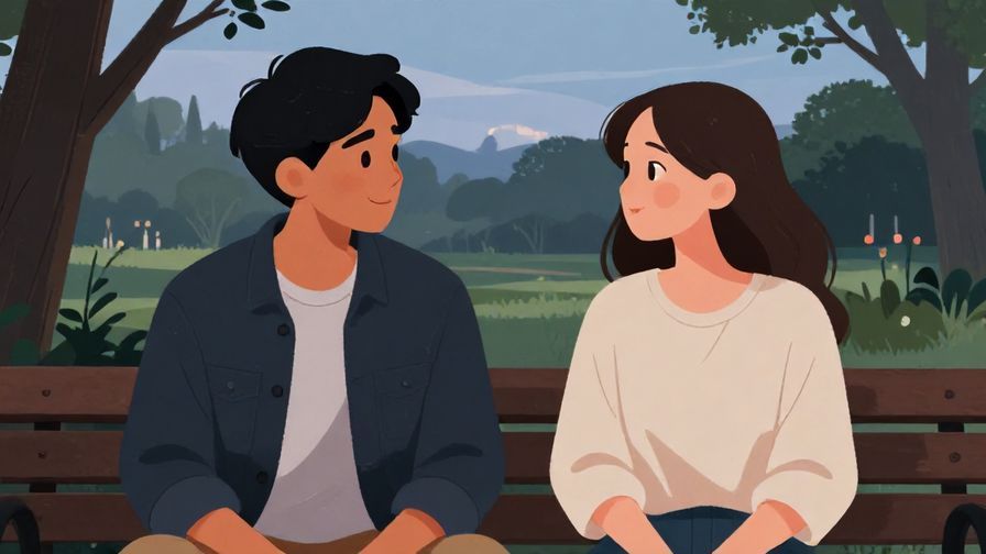 Illustration of two people sitting apart but looking at each other with gentle expressions, evening park background