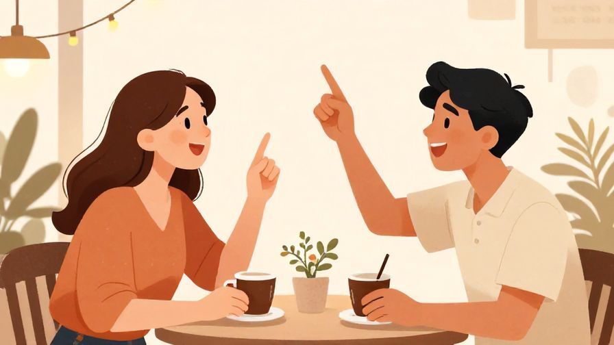 Illustration of two people sitting at a cafe, one suddenly excitedly pointing upwards while the other listens with interest
