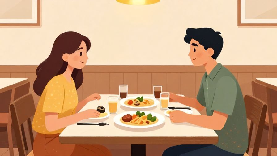 Illustration of two people sitting at a table with food, smiling politely in a quiet restaurant atmosphere