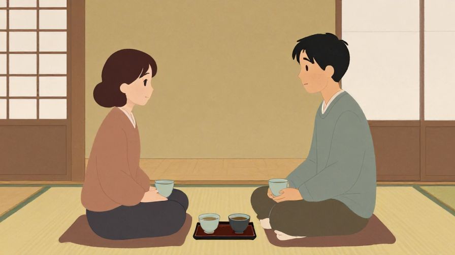 Illustration of two people sitting calmly with tea cups in a traditional Japanese room, soft warm colors