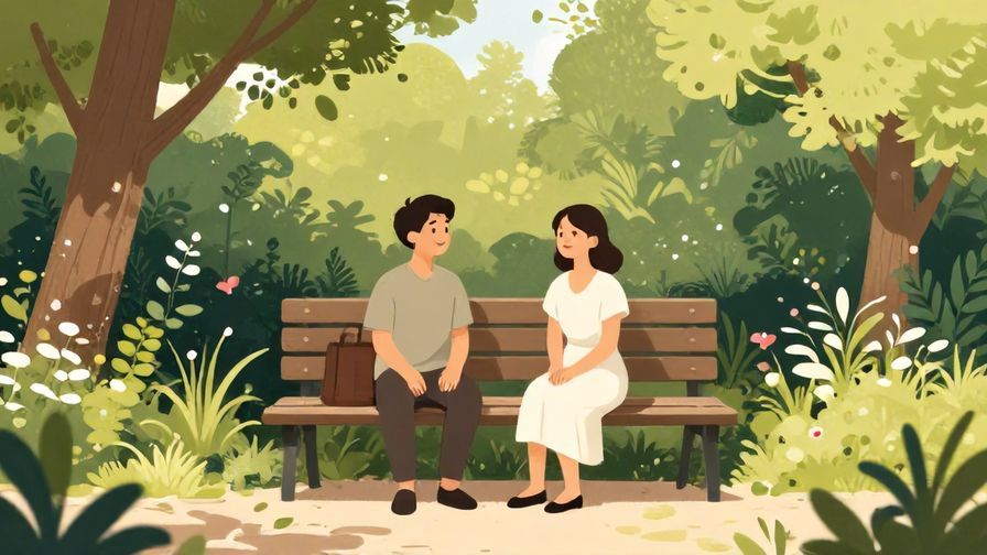 Illustration of two people sitting on a bench in a garden, relaxed and smiling, soft sunlight filtering through trees, illustrated style