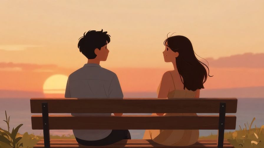 Illustration of two people sitting on a bench, one looking humble and the other smiling reassuringly, sunset background