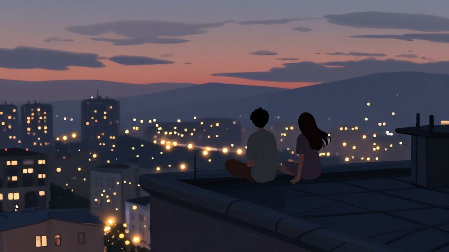 Illustration of two people sitting quietly on a rooftop at dusk, city lights twinkling below, peaceful and intimate atmosphere