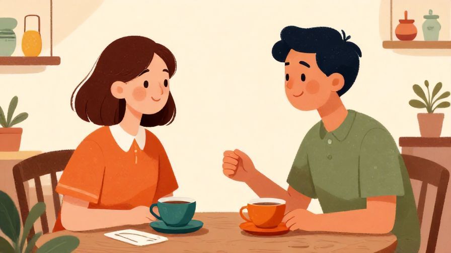 Illustration of two people sitting together, gently encouraging one another with soft smiles in a quiet tea room, warm lighting, vibrant colors, illustrated style