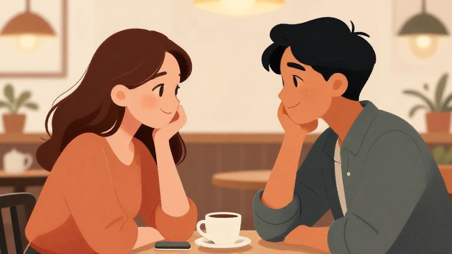 Illustration of two people smiling and nodding at each other warmly in a casual café, soft lighting
