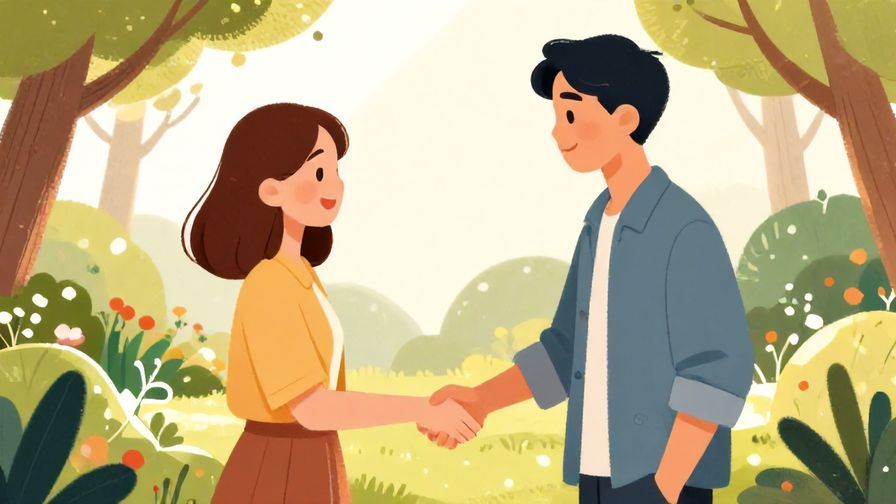 Illustration of two people smiling and shaking hands in a garden with soft sunlight filtering through trees