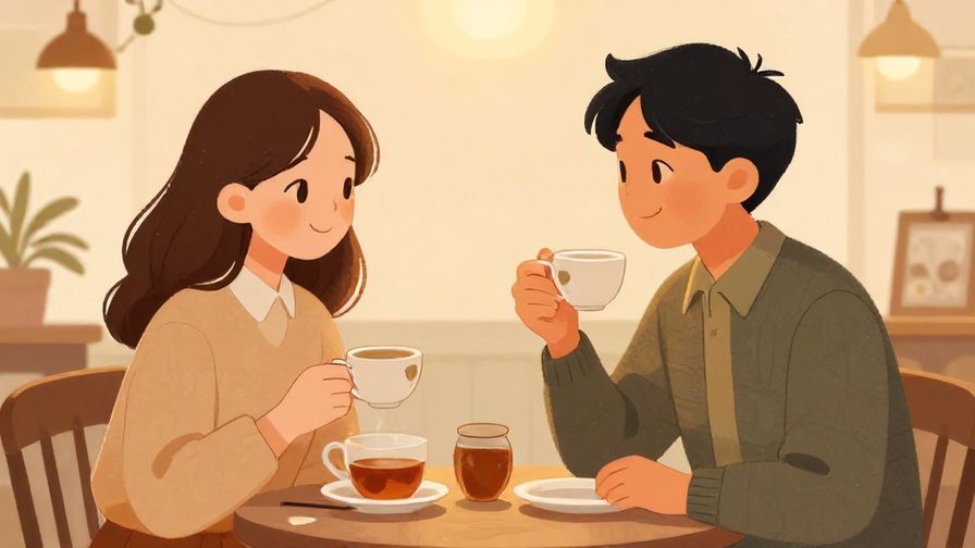 Illustration of two people smiling gently over tea in a serene café, warm light, polite atmosphere