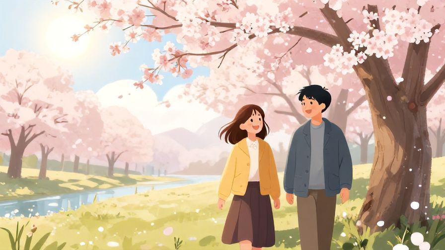 Illustration of two people smiling while walking under cherry blossoms with morning sun, hopeful atmosphere