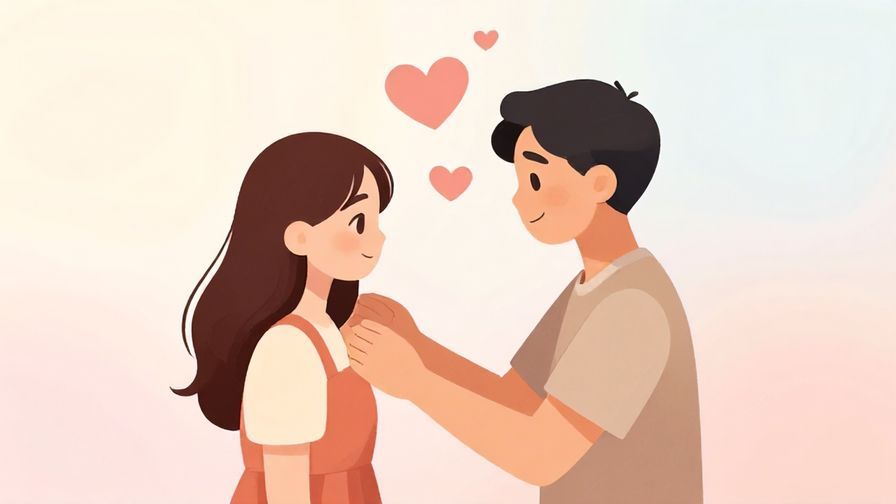 Illustration of two people standing close, one supporting the other emotionally, with soft pastel background and floating hearts