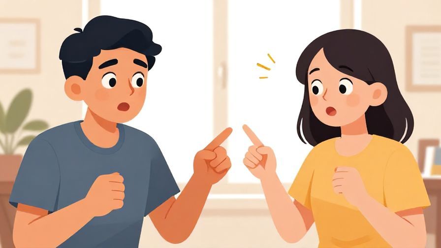 Illustration of two people surprised with wide eyes, one pointing at the other who just entered, bright indoor setting