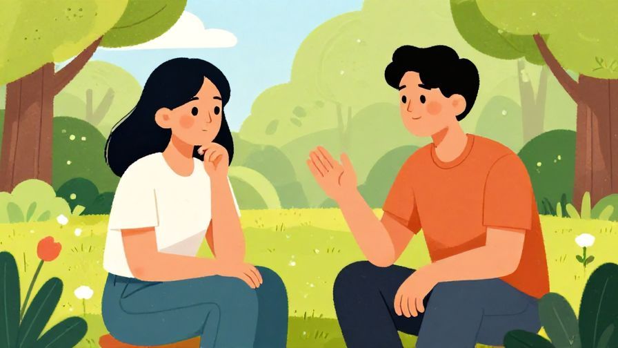 Illustration of two people talking in a park, one thoughtfully explaining something with a calm expression, bright colors, illustrated style