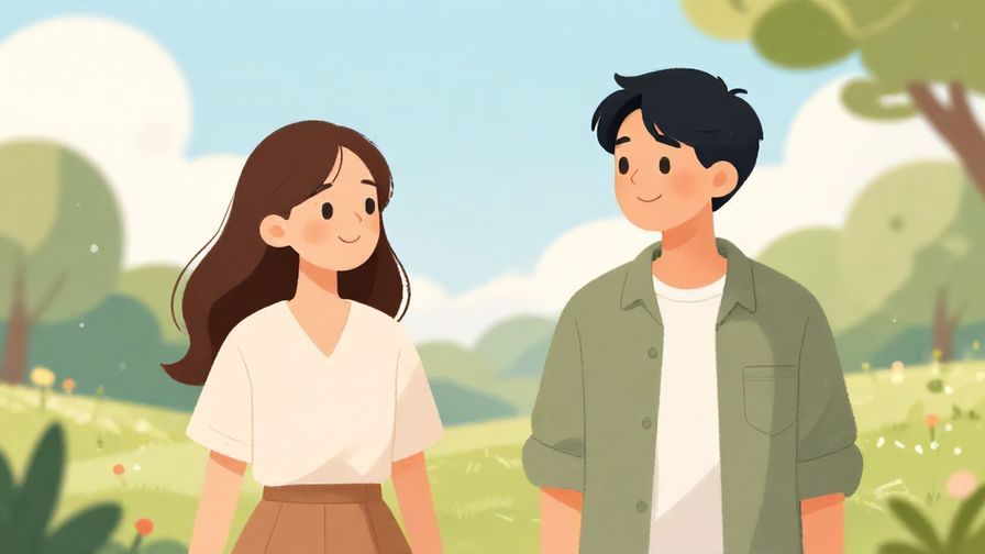 Illustration of two people turning away from each other smiling, with a soft sky and peaceful park background, illustrated style