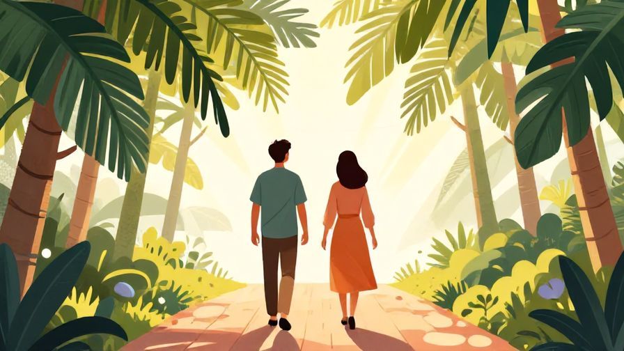 Illustration of two people walking forward together under a path lined with palm leaves and sun rays, symbolizing growth and partnership