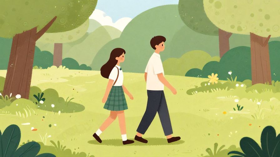 Illustration of two people walking side by side, one looking humble and the other supportive, calm park scene