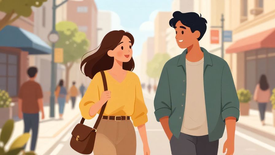 Illustration of two people walking side by side, smiling and chatting as they stroll through a city street, bright and friendly atmosphere
