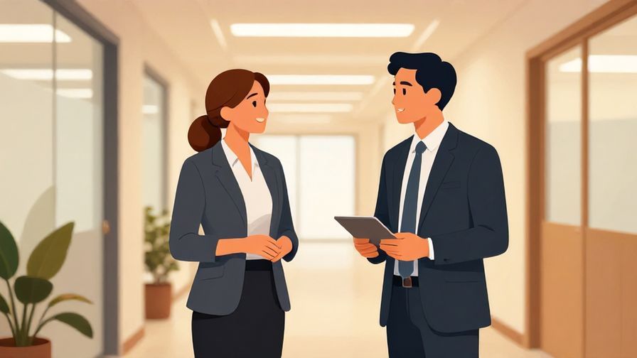 Illustration of two professional colleagues conversing in an office hallway, warm colors, illustrated style