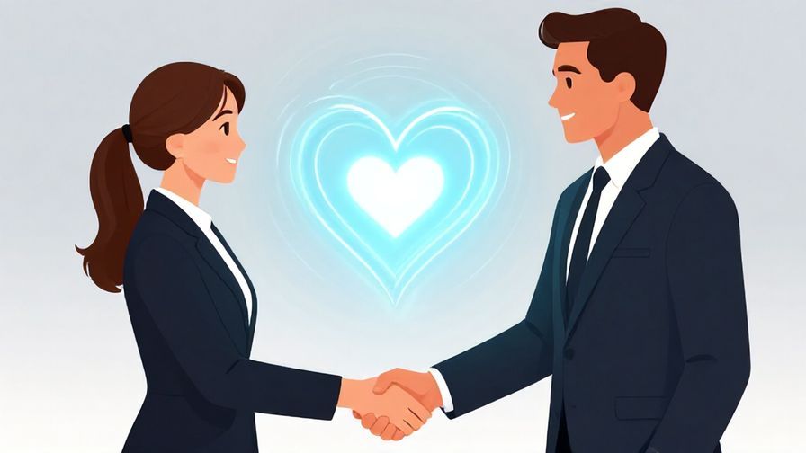 Illustration of two professionally dressed people shaking hands in a formal setting, with a glowing aura symbolizing fate