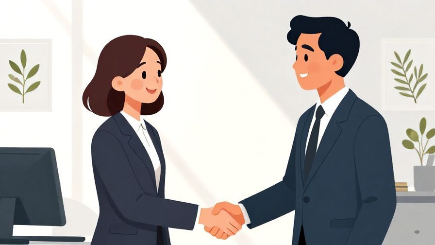 Illustration of two professionals shaking hands with warm smiles, office background with light rays and olive branches