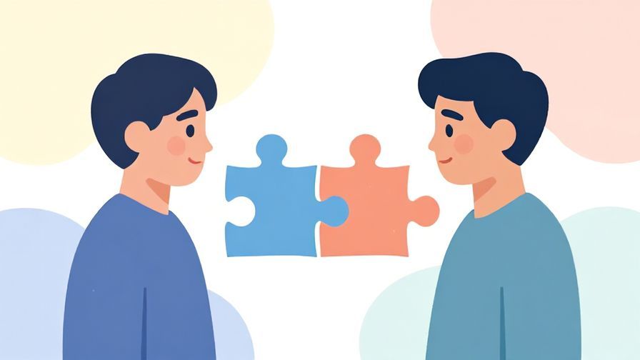 Illustration of two puzzle pieces fitting perfectly together, each shaped like a person, with soft abstract background colors