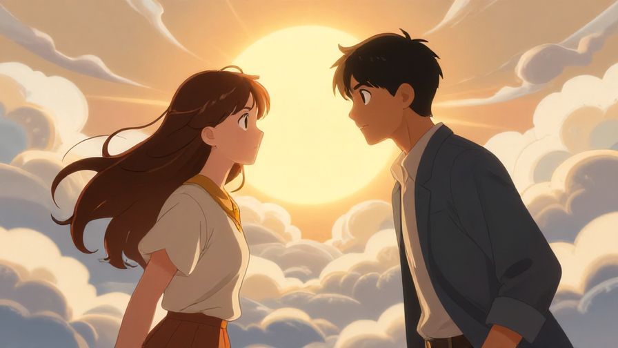 Illustration of two rival characters facing each other in a tense standoff, background with rising sun and swirling clouds