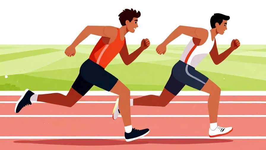 Illustration of two runners neck and neck in a race, focused and intense, bright colors