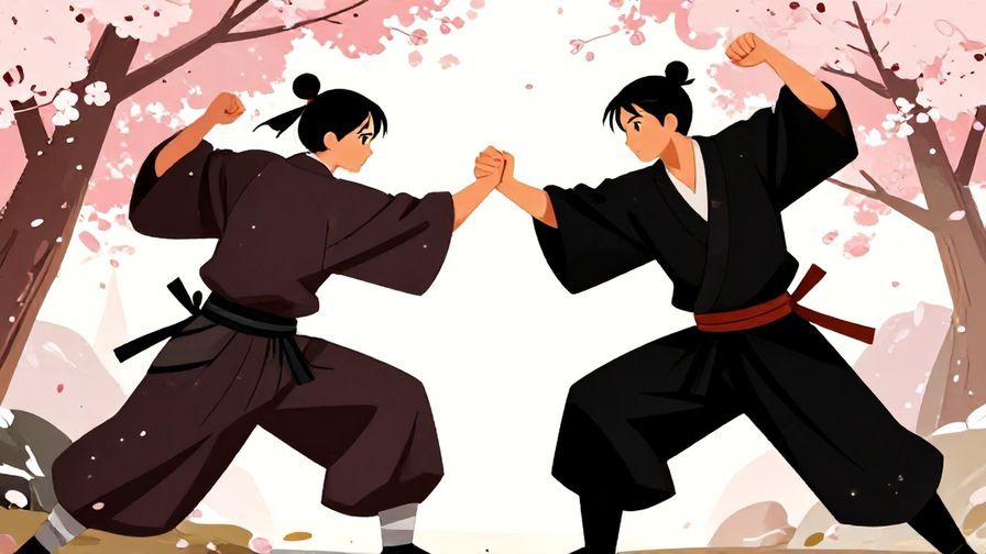 Illustration of two samurai facing off in a dramatic pose, stylized background with cherry blossoms