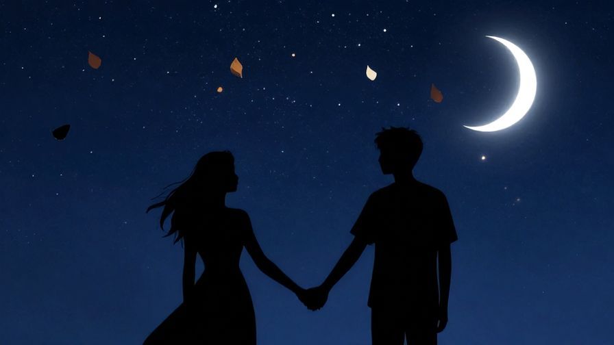 Illustration of two silhouettes holding hands under a starry sky with floating leaves and a crescent moon, romantic and dreamy atmosphere