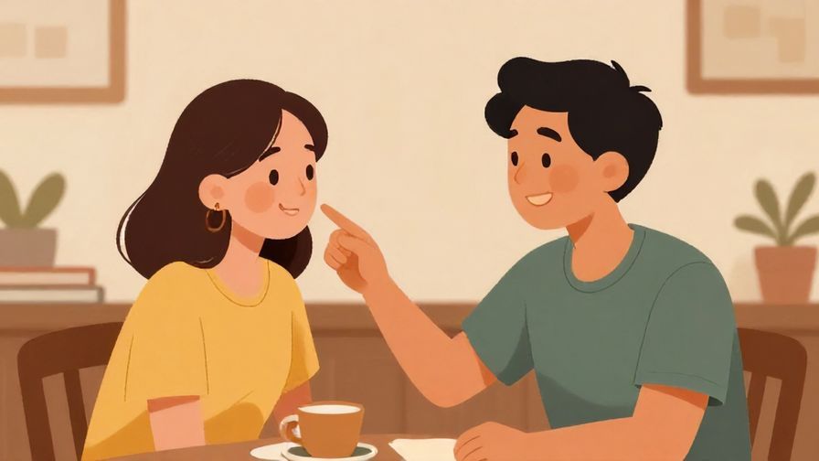 Illustration of two smiling friends chatting with one playfully nudging the other, warm indoor setting