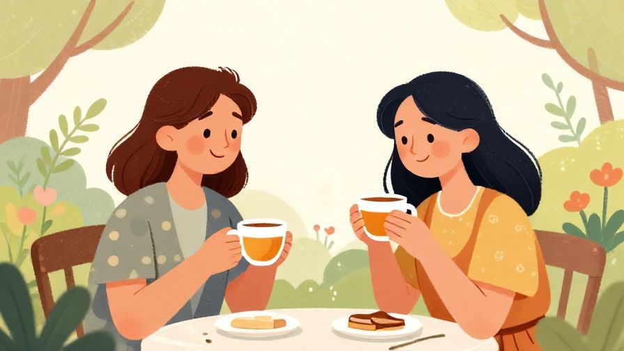 Illustration of two smiling people sharing a cup of tea together in a peaceful garden, soft pastel background, illustrated style