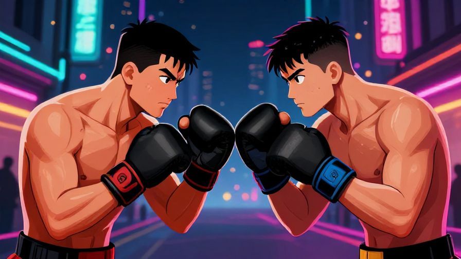 Illustration of two street fighters facing off, intense expressions, urban night background with neon lights