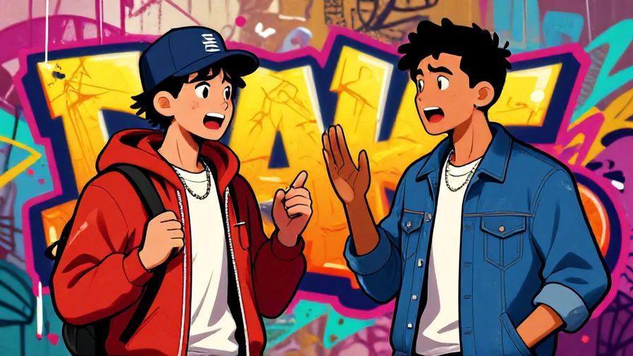 Illustration of two street-style characters having a heated argument, graffiti background, vibrant colors