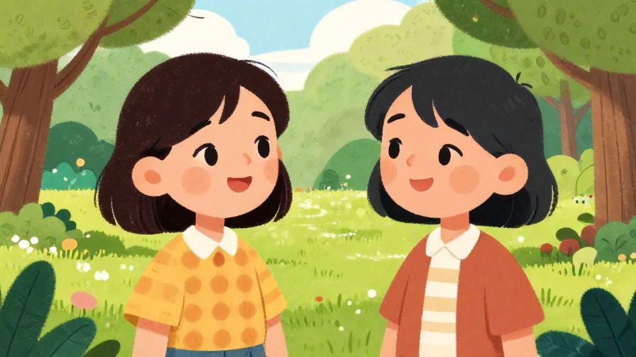 Illustration of two stylized characters smiling and chatting in a park with friendly expressions, detailed background, vibrant colors, illustrated style