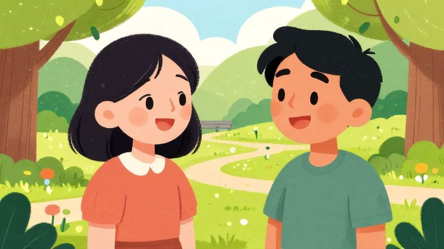 Illustration of two stylized characters smiling and chatting in a park with friendly expressions, detailed background, vibrant colors, illustrated style