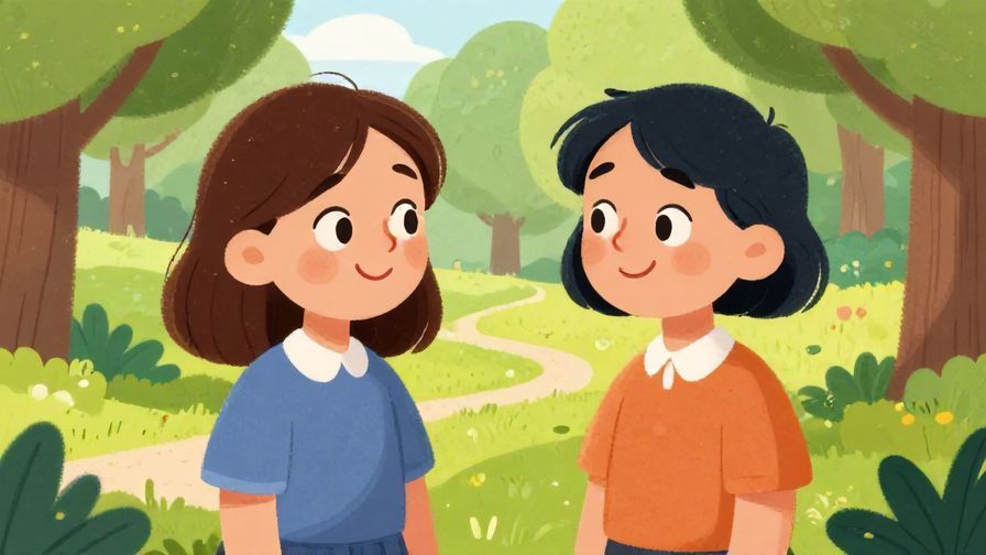 Illustration of two stylized characters smiling and chatting in a park with friendly expressions, detailed background, vibrant colors, illustrated style