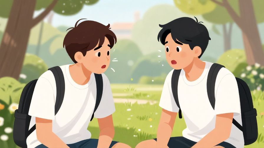 Illustration of two teenagers chatting, one leaning forward with a shocked expression, casual park background