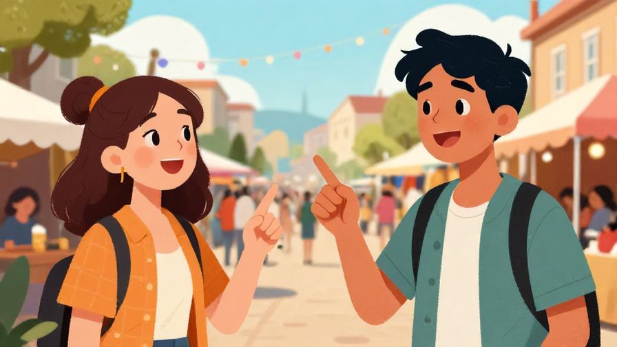 Illustration of two teenagers laughing and pointing playfully at a strange scene, street festival background