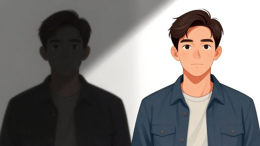 Illustration of two versions of a man, one shadowed behind and one bright in front, symbolizing past and present self, illustrated style